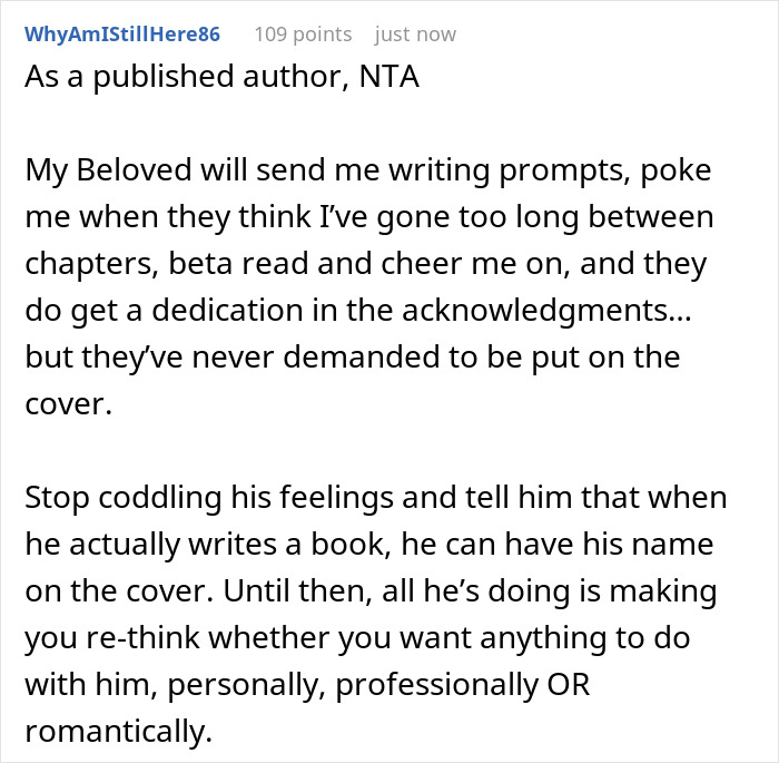 A Reddit comment from a published author about a boyfriend wanting his name on author GF's book.