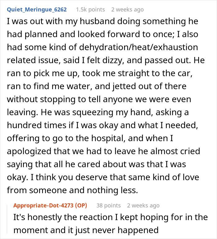 A Reddit comment sharing a supportive story after a man fainted at a concert, wanting to go home. A Reddit comment sharing a supportive story after a man fainted at a concert, wanting to go home.