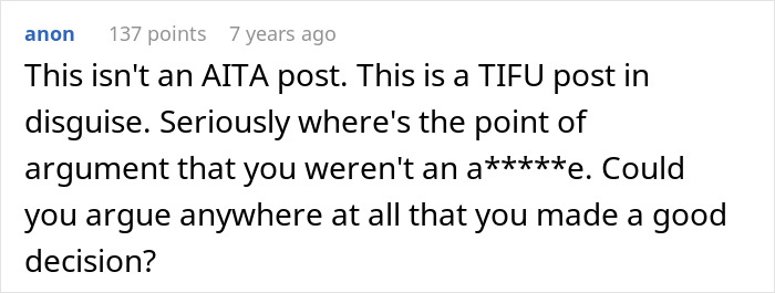 A Reddit comment stating that the original post is a 'Today I F***ed Up' post in disguise, implying the original poster made a bad decision about lying about an allergy.