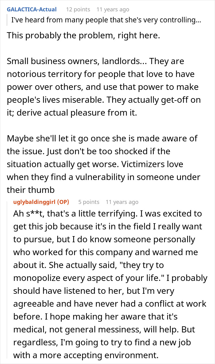 A Reddit user giving advice about a controlling job situation affecting a woman's job due to her messy hair.
