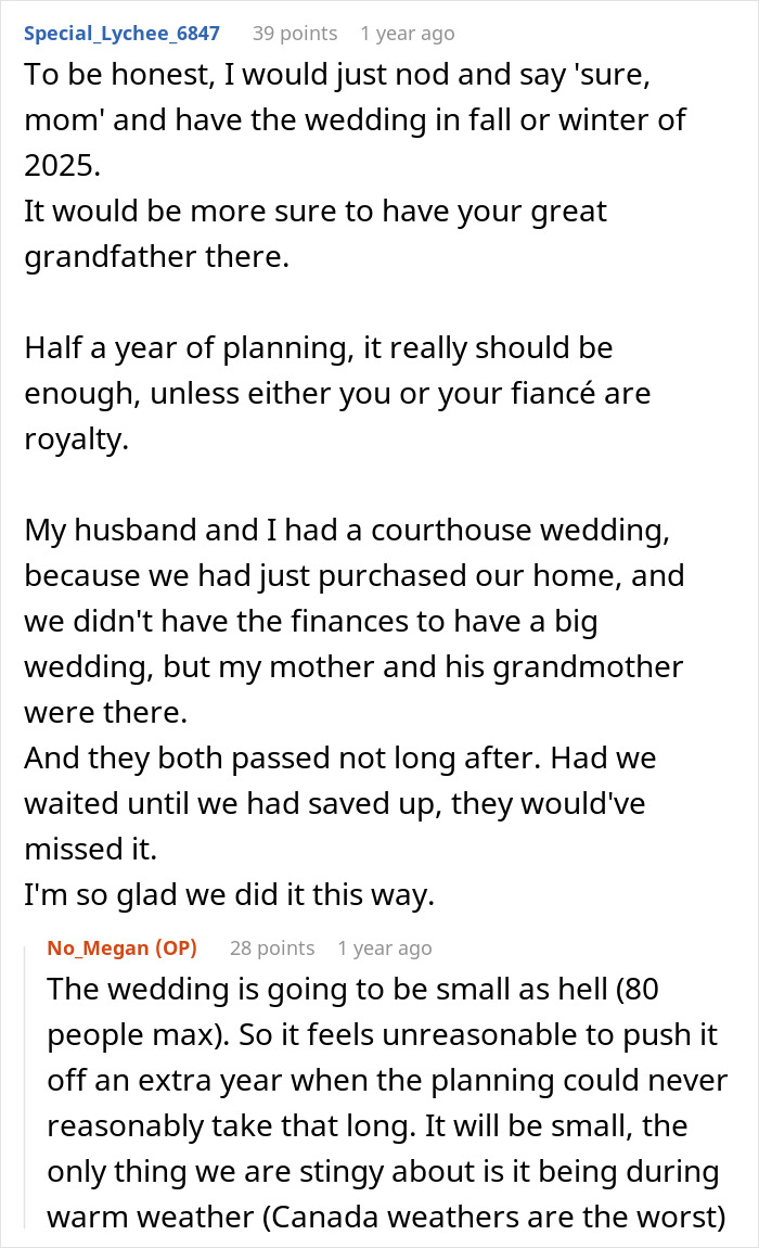A Mom wants a whole year to celebrate her birthday and tells her daughter her wedding can wait, with an OP response. A Mom wants a whole year to celebrate her birthday and tells her daughter her wedding can wait, with an OP response.