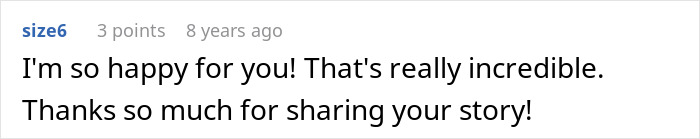A comment expressing happiness and gratitude for sharing a story about a toxic guy relationship.