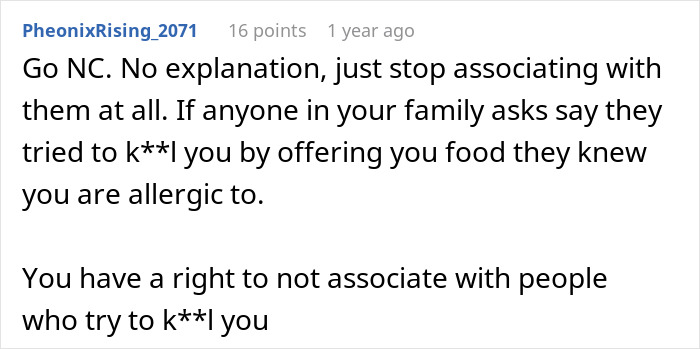 A comment advising to go no contact with the mom who tricked her daughter into eating gluten free food.