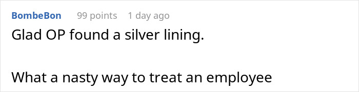 A comment on a woman being told her hair looks messy, with her job on the line, highlighting a nasty way to treat an employee.