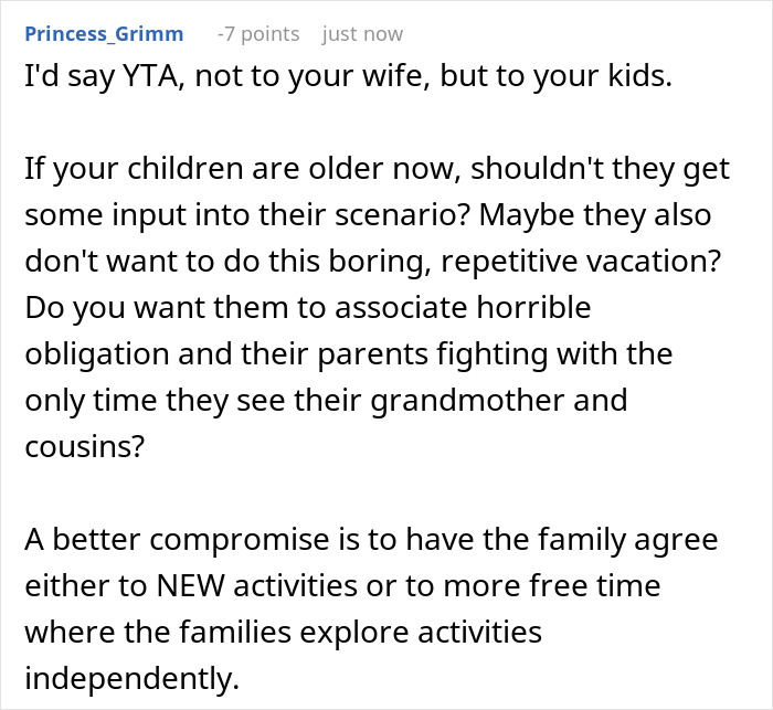A Reddit comment suggesting new activities or independent exploration for the annual family trip with in-laws.