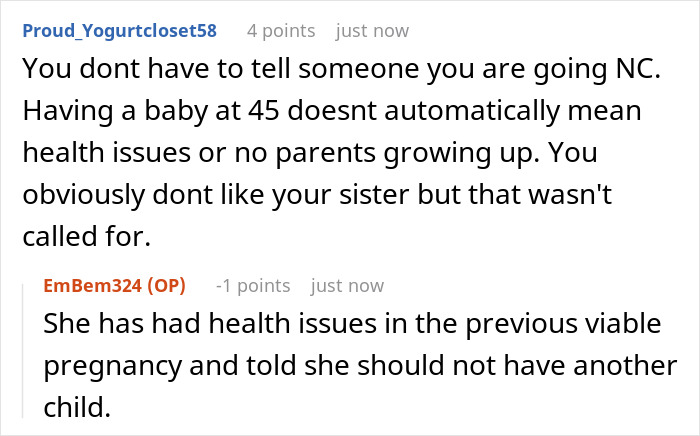Online comments discussing half-sister claiming newborn baby and cutting contact Online comments discussing half-sister claiming newborn baby and cutting contact