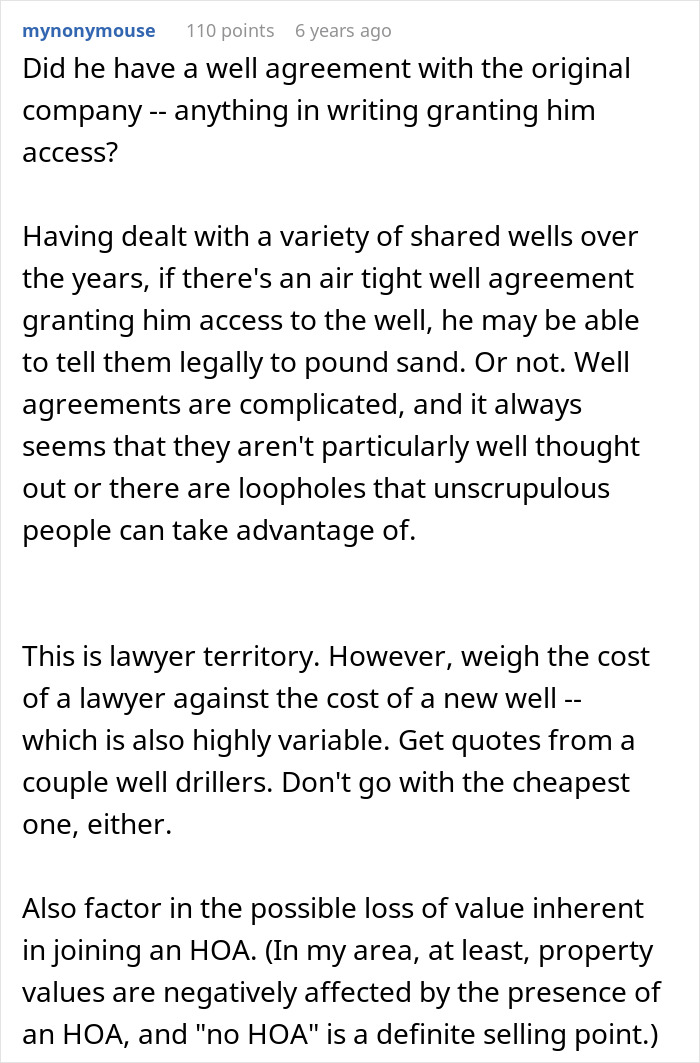 Comment on well agreements and legal complexities with HOA water access Comment on well agreements and legal complexities with HOA water access