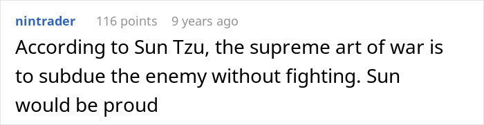 Reddit comment quoting Sun Tzu, relating to taking revenge on a neighbor's petty acts without fighting.
