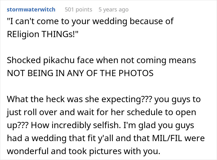 A screenshot of a Reddit comment criticizing a mother for using religion as an excuse to miss a wedding and then getting upset about family photos.