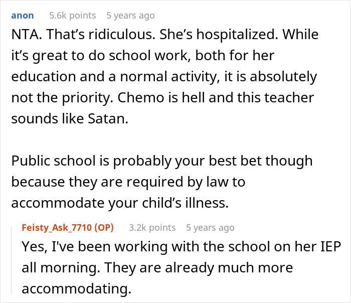 Screenshot of a comment supporting a mom blasting school's response online about her 11YO's chemotherapy and repeating grade. Screenshot of a comment supporting a mom blasting school's response online about her 11YO's chemotherapy and repeating grade.