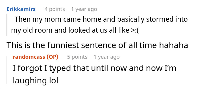 A screenshot of Reddit comments discussing a humorous sentence about a woman told to leave home.