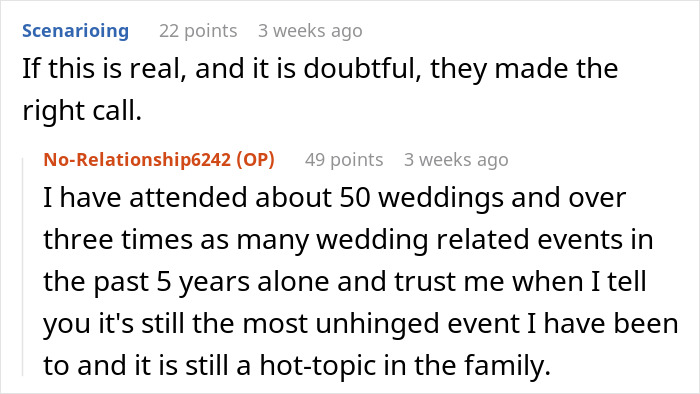Comments discussing the decision to leave a wedding and get married at a local KFC instead