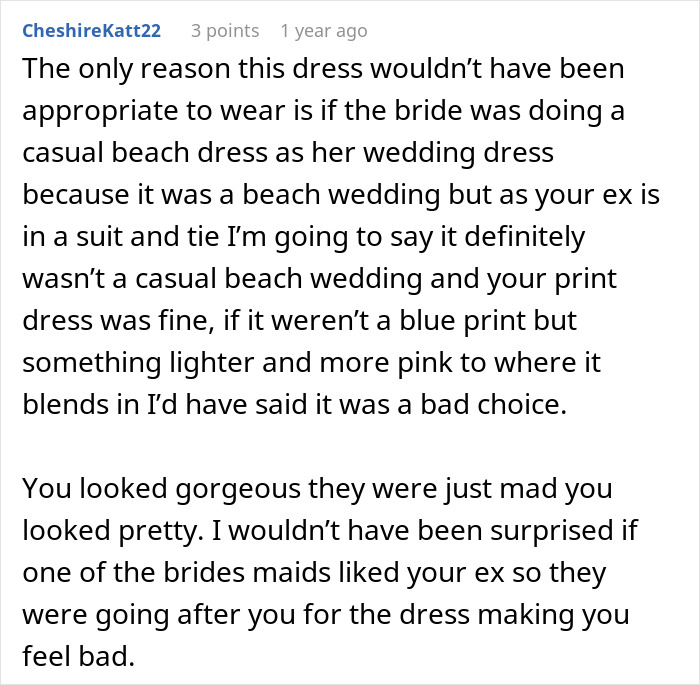 Screenshot of a comment from CheshireKatt22 about wedding dress appropriateness for a casual beach wedding. Screenshot of a comment from CheshireKatt22 about wedding dress appropriateness for a casual beach wedding.
