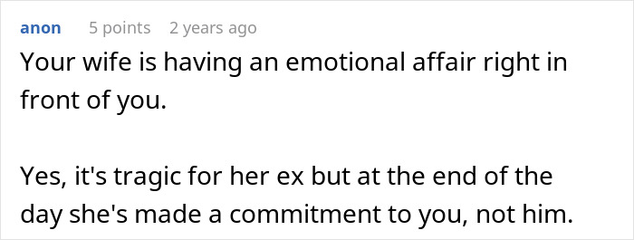 Screenshot of a comment on a forum about a husband's accident and ex-wife, discussing emotional affair and marriage.