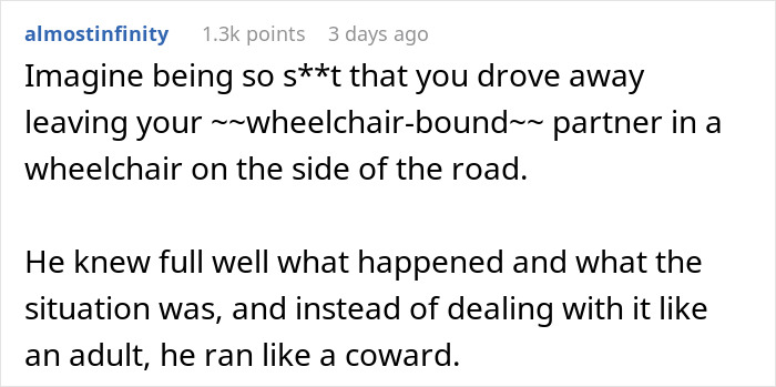Comment about boyfriend abandoning wheelchair-bound partner Comment about boyfriend abandoning wheelchair-bound partner