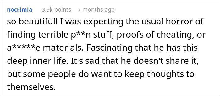 Screenshot of a comment discussing a husband's deep inner life and double life.