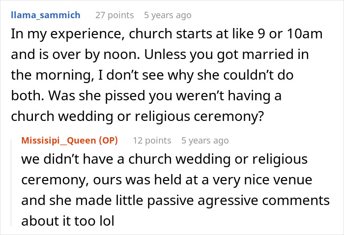 A screenshot of a Reddit comment about a mother choosing church over a wedding and feeling upset about family photos.