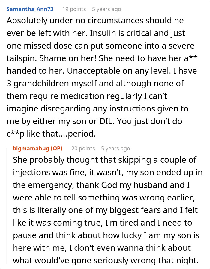 A Reddit comment expressing outrage about the entitled MIL's actions, emphasizing the criticality of insulin doses for the grandson.