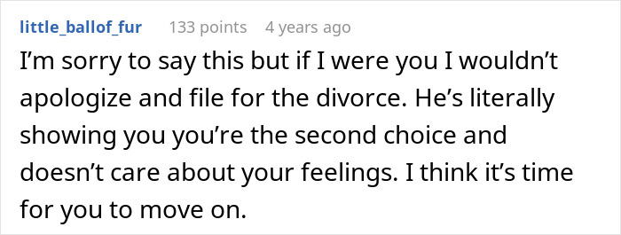 A Reddit comment advises a pregnant woman to file for divorce from her husband who is grieving his late ex. A Reddit comment advises a pregnant woman to file for divorce from her husband who is grieving his late ex.