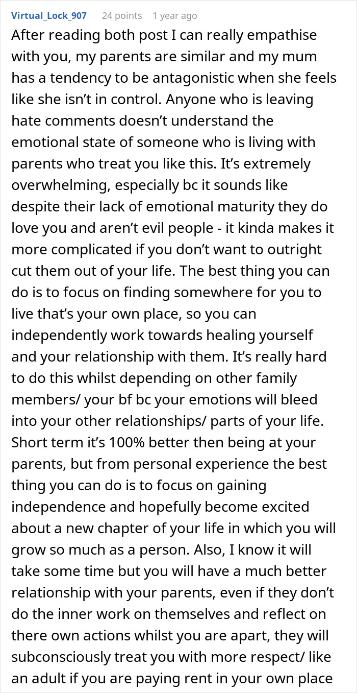 A screenshot of a Reddit comment empathizing with a woman told to leave home after refusing to follow one rule.