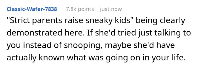A comment on strict parents and teenage snooping, highlighting a religious mom's unnoticed behavior in teen's room.