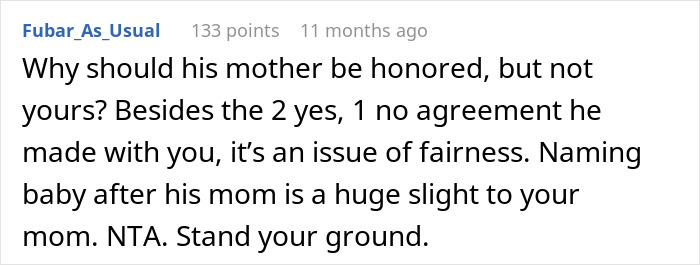 A Reddit comment asking why only his mother should be honored and calling it an issue of fairness, regarding a husband wanting to honor his mom.