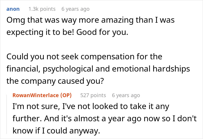 Comments and replies about a guy's revenge story, suggesting compensation after being unjustly fired.