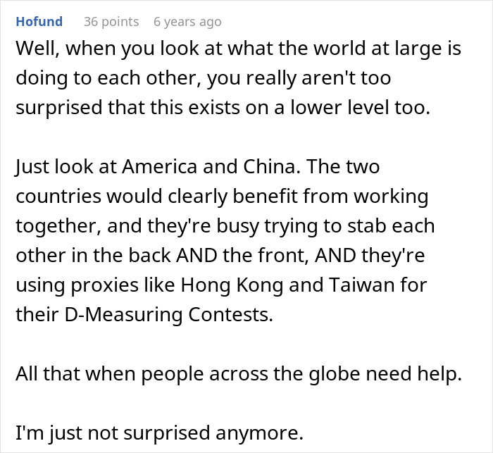 A comment about the world using employees for a scam on a lower level.