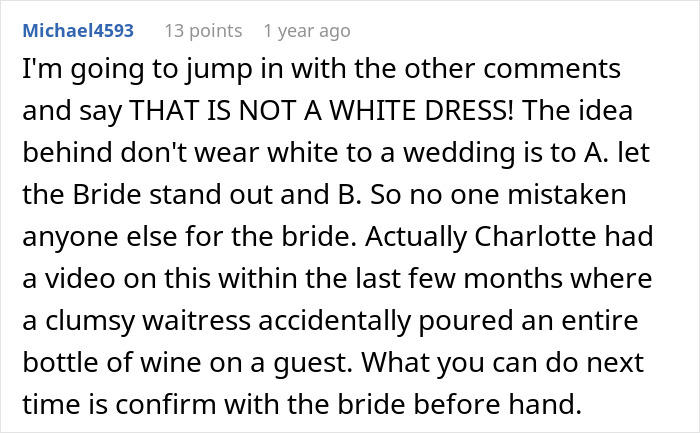 A comment emphasizing the importance of proper wedding attire, stating it is not a white dress to avoid a wedding mistake. A comment emphasizing the importance of proper wedding attire, stating it is not a white dress to avoid a wedding mistake.