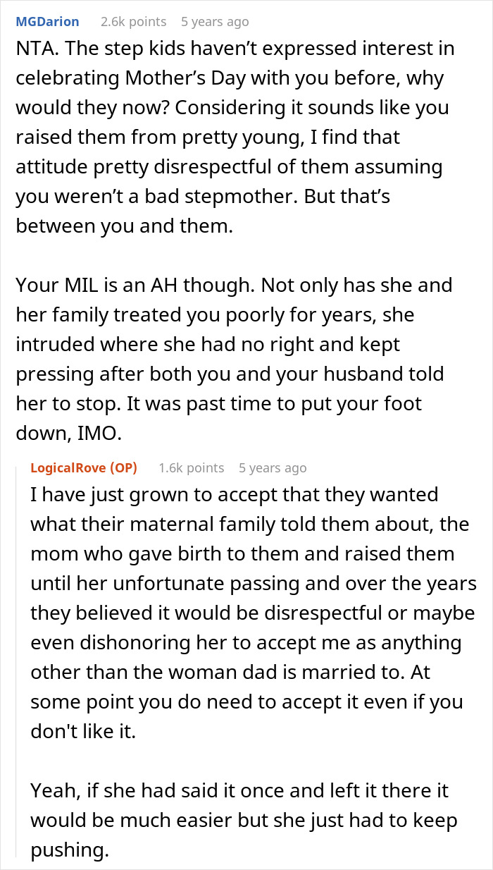 Comments on stepkids' refusal to celebrate Mother's Day and MIL criticism