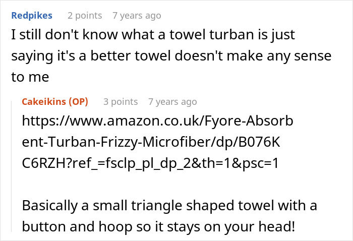 Discussion about a hair towel, clarifying it as a hair turban, in the context of a kid stealing a woman's hair towel. Discussion about a hair towel, clarifying it as a hair turban, in the context of a kid stealing a woman's hair towel.