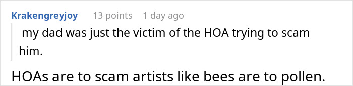 Comment describing HOA as a scam targeting victims like the user's dad Comment describing HOA as a scam targeting victims like the user's dad