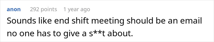 An end-of-shift meeting discussed as an email, related to management's illegal shenanigans and employee rights.