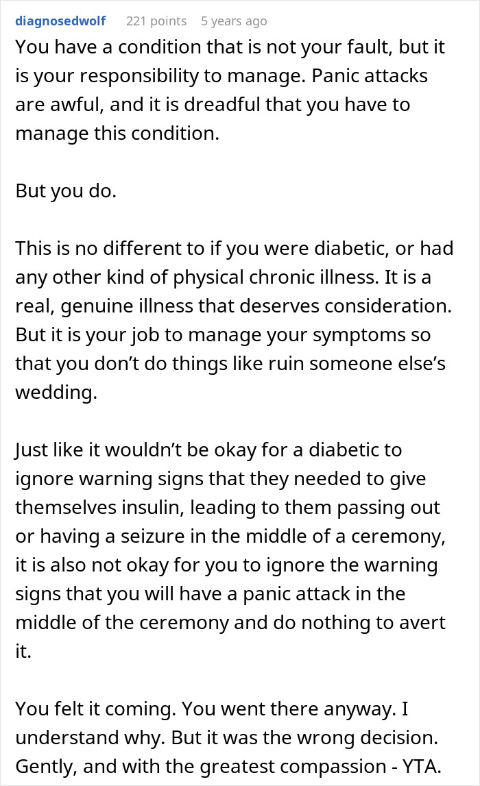 Comment on responsibility to manage panic attacks to not ruin wedding Comment on responsibility to manage panic attacks to not ruin wedding
