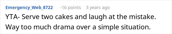 Comment suggesting to serve two cakes and ignore the drama