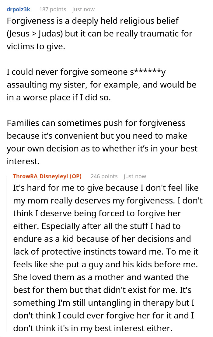 Debate on the complexity of forgiveness and trauma in teen's family situation
