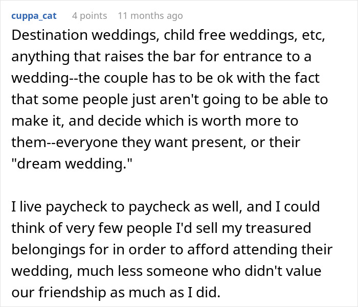 Opinion on destination weddings and financial sacrifice for friendship
