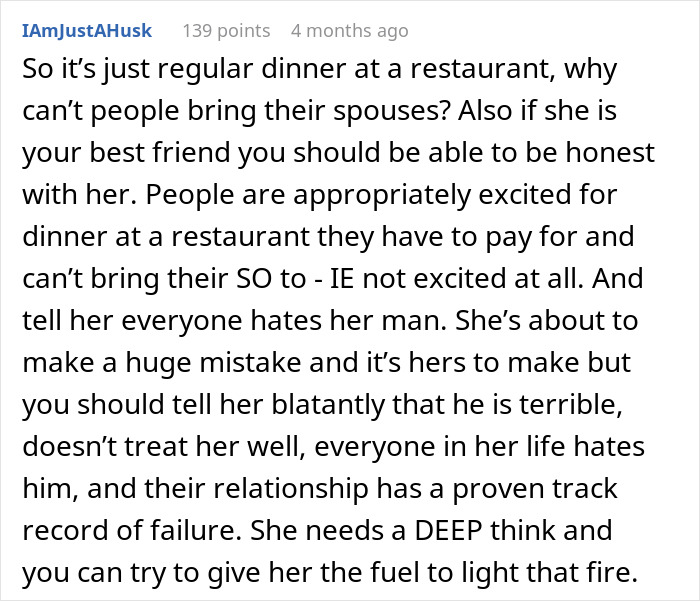 Comment explaining lack of excitement for wedding dinner that guests must pay for without spouses Comment explaining lack of excitement for wedding dinner that guests must pay for without spouses