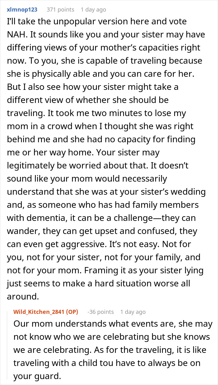 Comments discussing challenges of including mom with dementia in wedding plans Comments discussing challenges of including mom with dementia in wedding plans