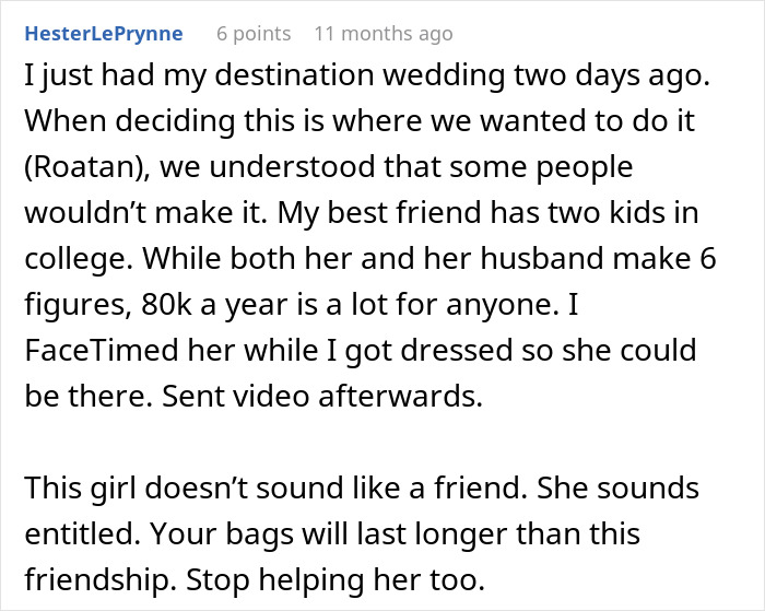 Comment about destination wedding and friend unable to attend due to financial reasons