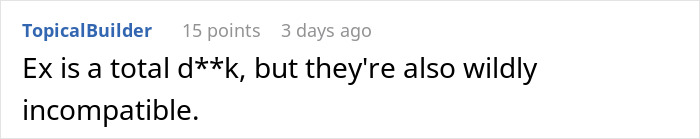 A comment stating the ex is a d*** and highlights incompatibility regarding the bar crawl. A comment stating the ex is a d*** and highlights incompatibility regarding the bar crawl.