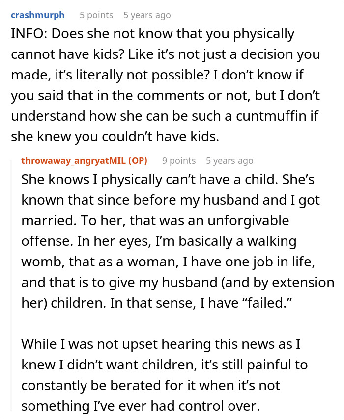 Woman shares MIL knows she physically cannot have kids despite pressure