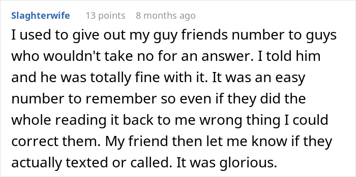 Screenshot of a comment about giving out a guy friend's number to unwanted suitors, making the ex a joke.