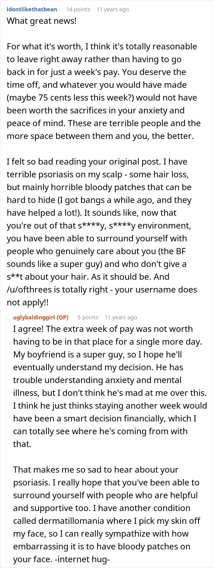 A Reddit user&sup1;s comment supporting a woman's decision to quit her job due to anxiety, relating with her hair loss.