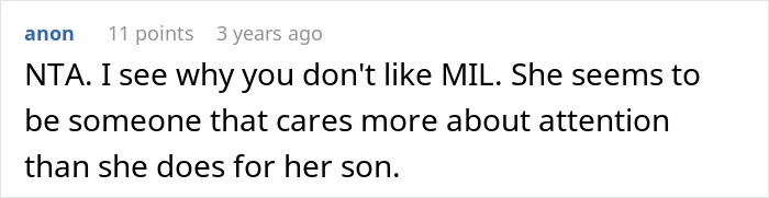 Comment explaining MIL cares more about attention than her son