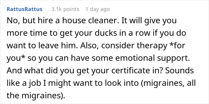 Advice suggesting a house cleaner and therapy for wife considering leaving