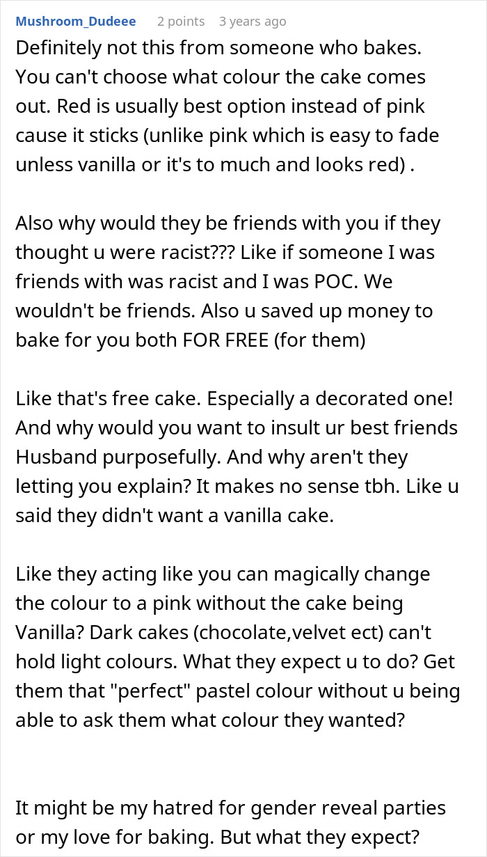 Detailed comment on cake color and baking challenges with gender reveal Detailed comment on cake color and baking challenges with gender reveal