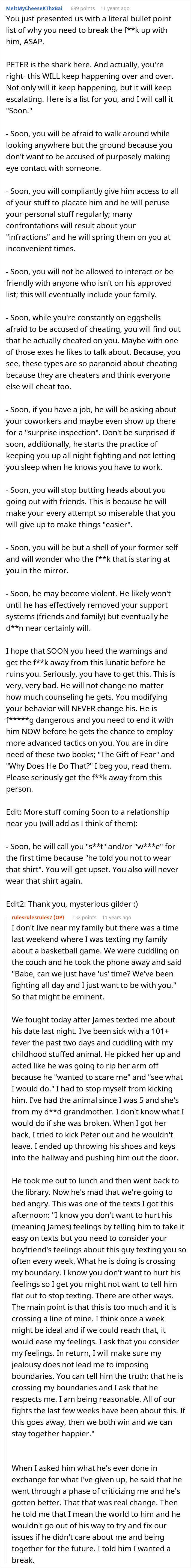 A long screenshot of comments about a toxic guy and his jealousy, destroying his GF's life with rules.