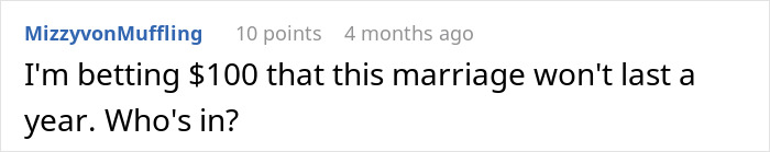 Comment betting marriage won't last a year Comment betting marriage won't last a year
