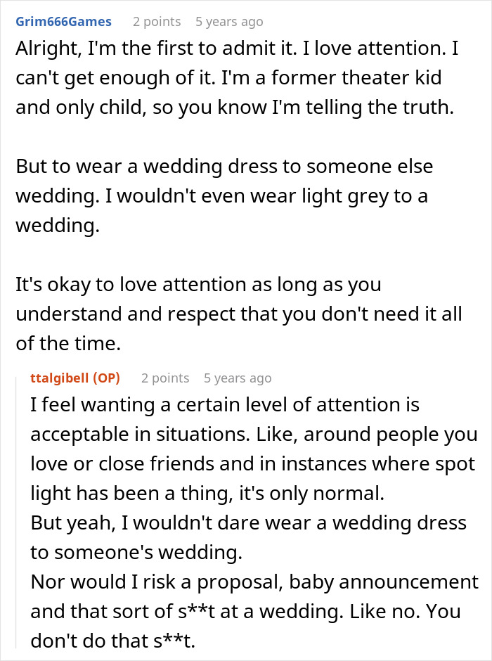 Discussion about attention-seeking and wearing wedding dress at stepbrother wedding Discussion about attention-seeking and wearing wedding dress at stepbrother wedding